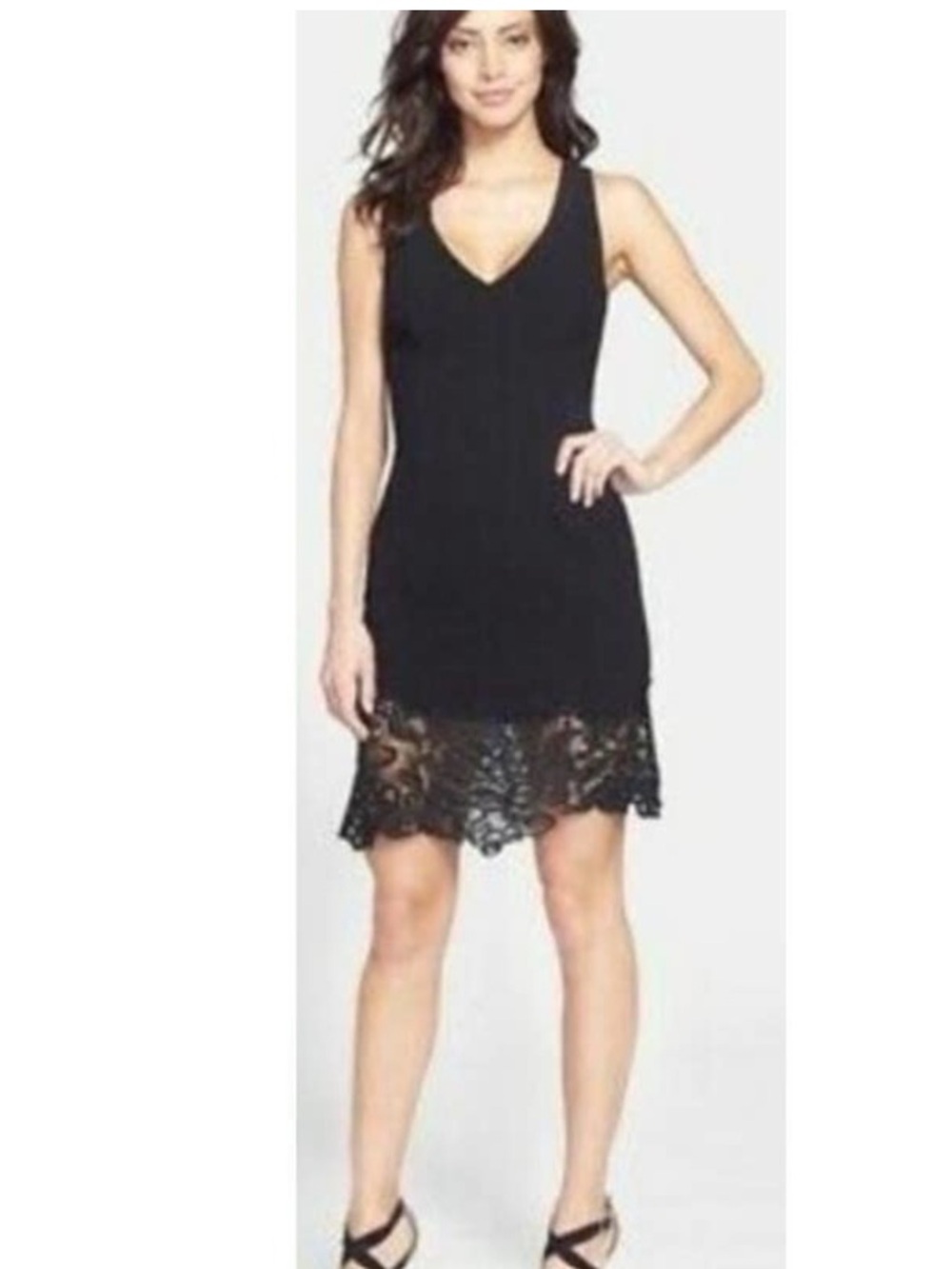 New Trina Turk Black MIDI Dress Lace Trim V-neck Sleeveless